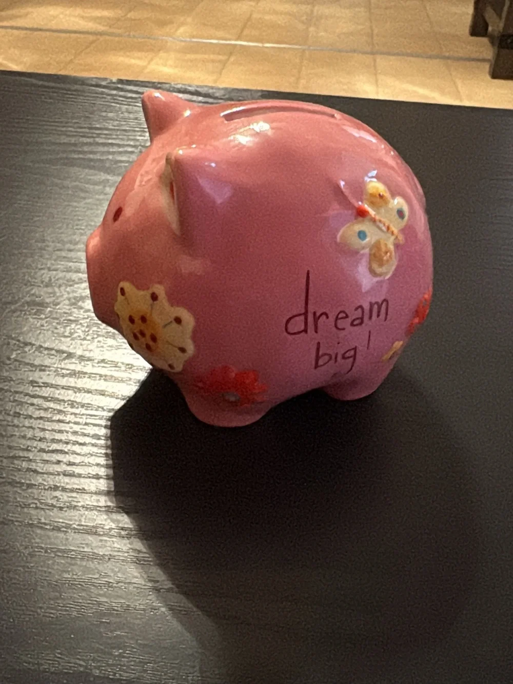 Pink Ceramic Piggy Bank “Dream Big” Butterfly Floral Hand Painted Coin Bank